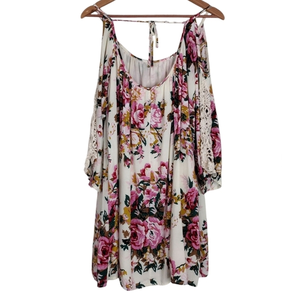Umgee Bloomcore Floral Lace Cold Shoulder Casual Dress Sz S - Picture 2 of 16